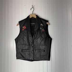 Unik Leather Lady Rider Biker Vest L Black Rose Patch Pins Genuine Leather USA